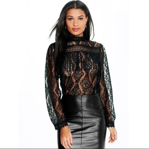 Boohoo Tops - Boohoo Lace Mockneck Tassel Front Blouse